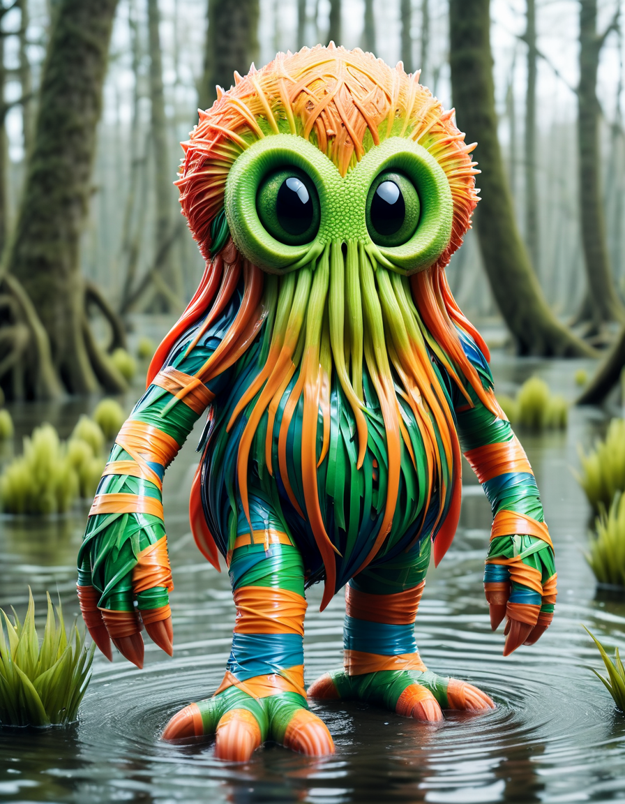 A cute colorful fluffy cthulhu, wildlife photography, in a ral-bnz swamp, 4K UHD, 8K UHD, High-definition, capturing, ral-barriertape <lora:ral-barriertape:1> ral-barriertape landscape