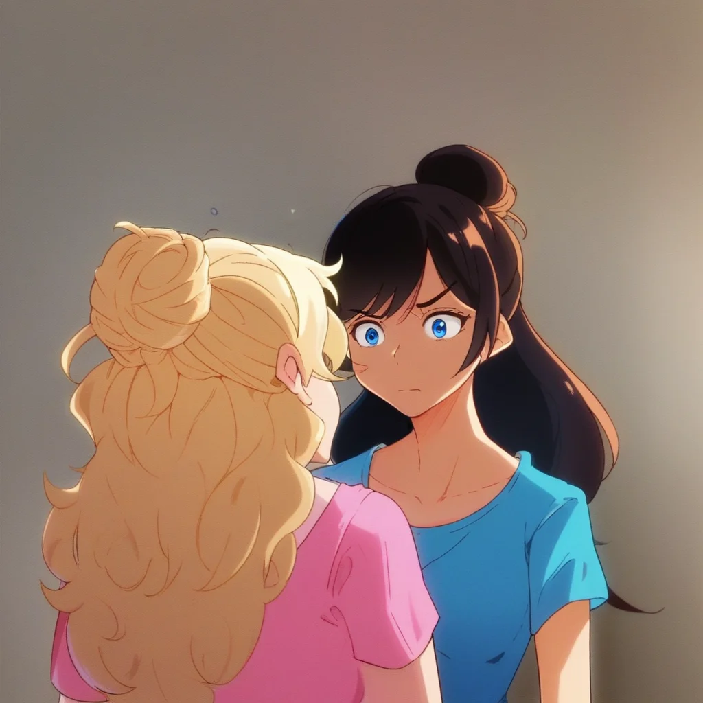 2girls, multiple girls, Nicole, Jecka, blue eyes, amber eyes, dark hair, blonde hair, score_9