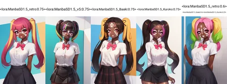 Masterpiece, colorful abstract rectangular backdrop, white backdrop, cowboy shot, skin pores, octane render, best quality, 1girl, solo, front view, upper body, dark skinned girl, very dark skin, oiled skin, (yamanba:1.5), white facepaint makeup, drill hair, bowtie, twintails, multicolored hair, white shirt, buttons, pink leopard print skirt, arms behind back, <lora:ManbaSD1.5_retro:0.75>,