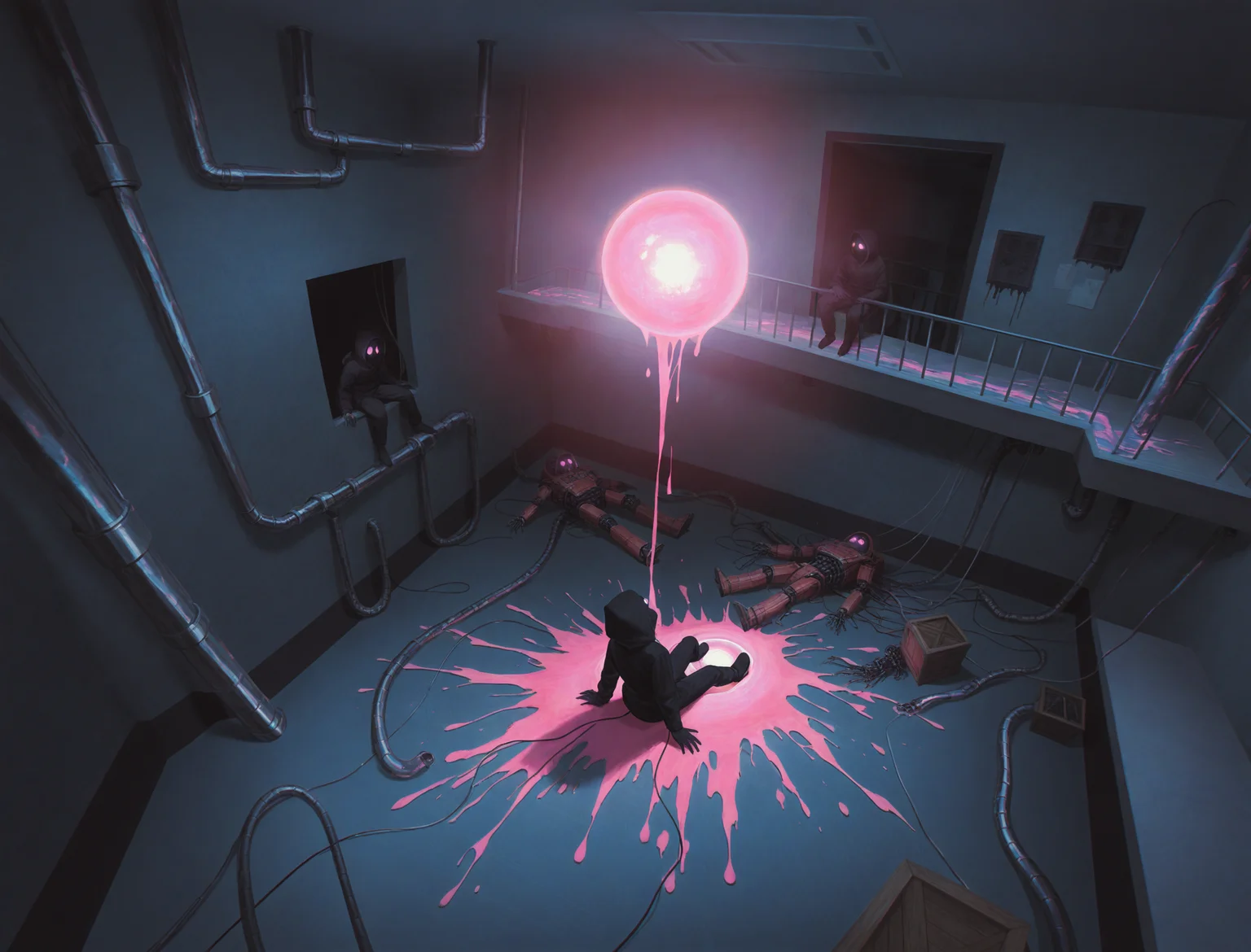 messy lineart, aliasing, k4ni_illu, 2others, black hood, glowing pink eyes, sitting on crate, falling, floating object, looking at another, looking up, giant glowing [pink|orange] orb, pink glow, orange glow, pearlescent lighting, chromatic aberration,  melting, blank face, glowing face, indoors, gritty, grungy, rusty, black walls, abandoned factory, abandoned laboratory, generator, machinery, cables, pipes on walls, splattered robot corpses, liminal space, balcony, verticality, glowing spinning cubes,  glitch, surreal, horror \(theme\), very wide shot, from above, [isometric], dynamic angle, cinematic lighting, long shadows, chiaroscuro, ((dark)), lens flare, detailed background,
masterpiece,best quality,newest,absurdres,highres,very awa,  <lora:Liminal_Spaces_XL:0.85>  <lora:kanikumitoi:0.75>