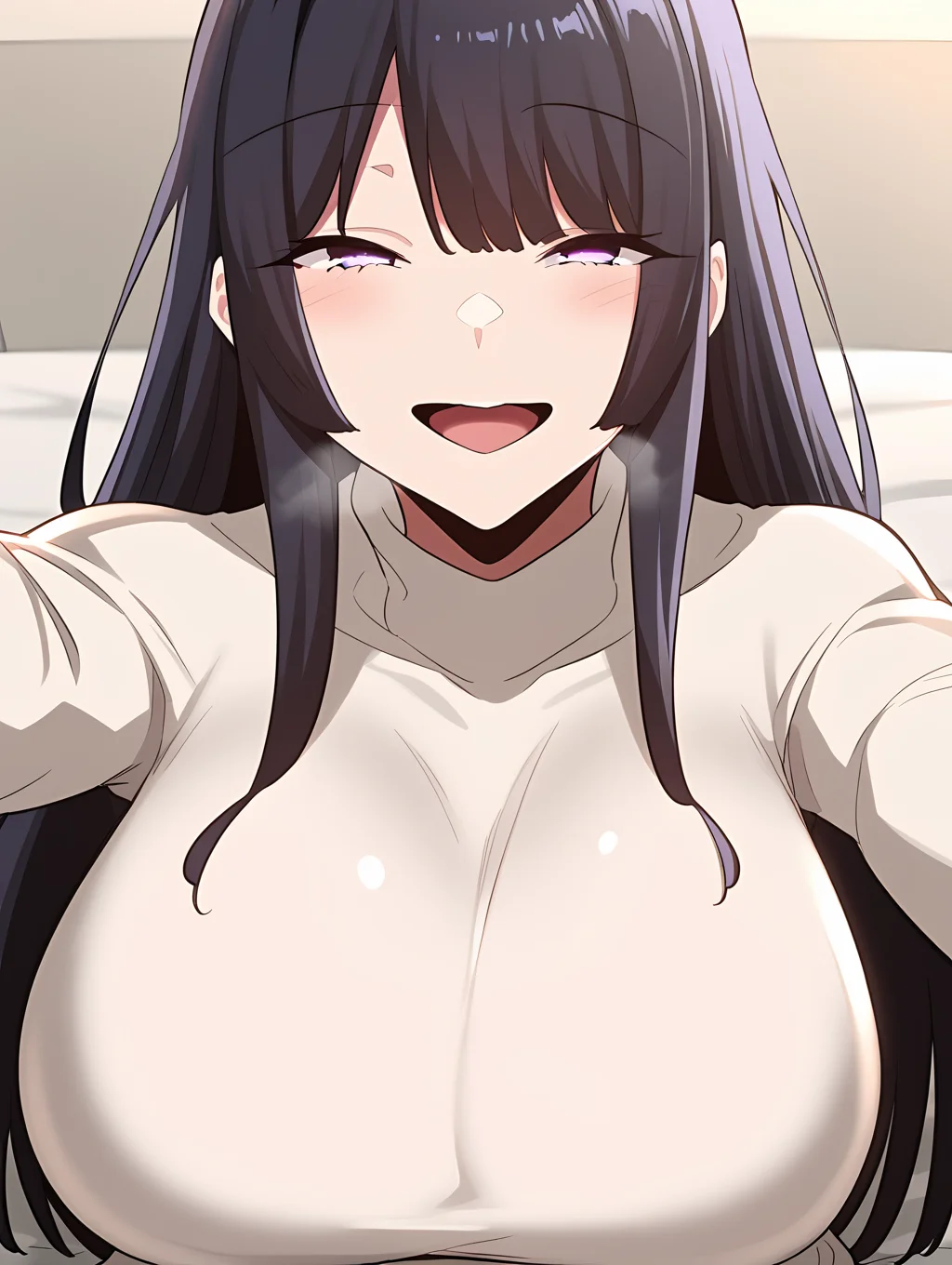 <lora:Eun_Jung_Lee:1> eunjung, long hair, breasts, black hair, 1girl, purple eyes, huge breasts, bangs, pose, , light smile, sweater dress, seductive smile, open mouth, selfie, , backlighting, on bed, shadow