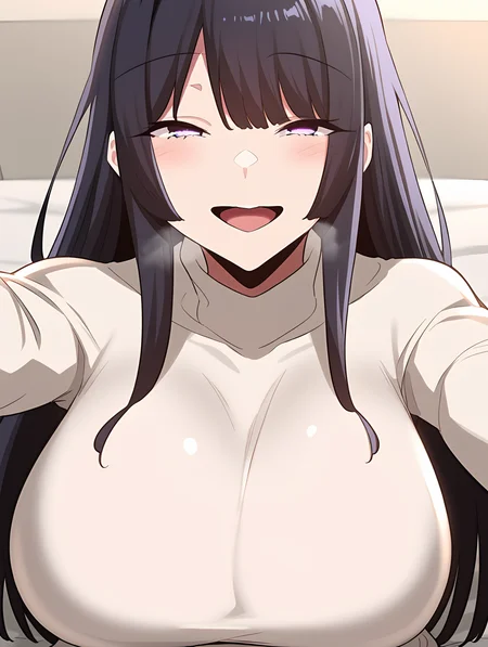 <lora:Eun_Jung_Lee:1> eunjung, long hair, breasts, black hair, 1girl, purple eyes, huge breasts, bangs, pose, , light smile, sweater dress, seductive smile, open mouth, selfie, , backlighting, on bed, shadow