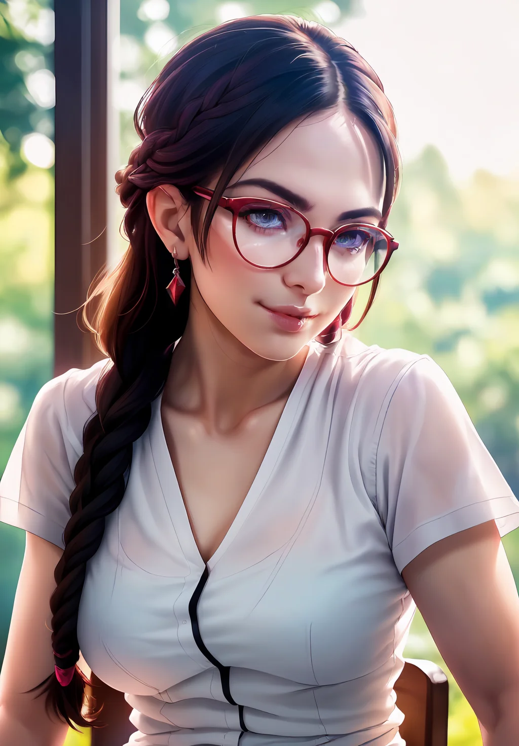 (Photo:1.3), highdetail, <lora:julia_chang:0.8>, julia_chang, 1girl, solo, sitting, smirk, glasses, white shirt, braid over shoulder, Dark red, gray, and black colors, vibrant colors, (summer, sunny weather:1.3), medium intensity lighting, (Soft focus:1.3), (acclaimed, alluring, captivating, exciting, gorgeous, striking:1.3), (ultra realistic, sharp focus:1.3)