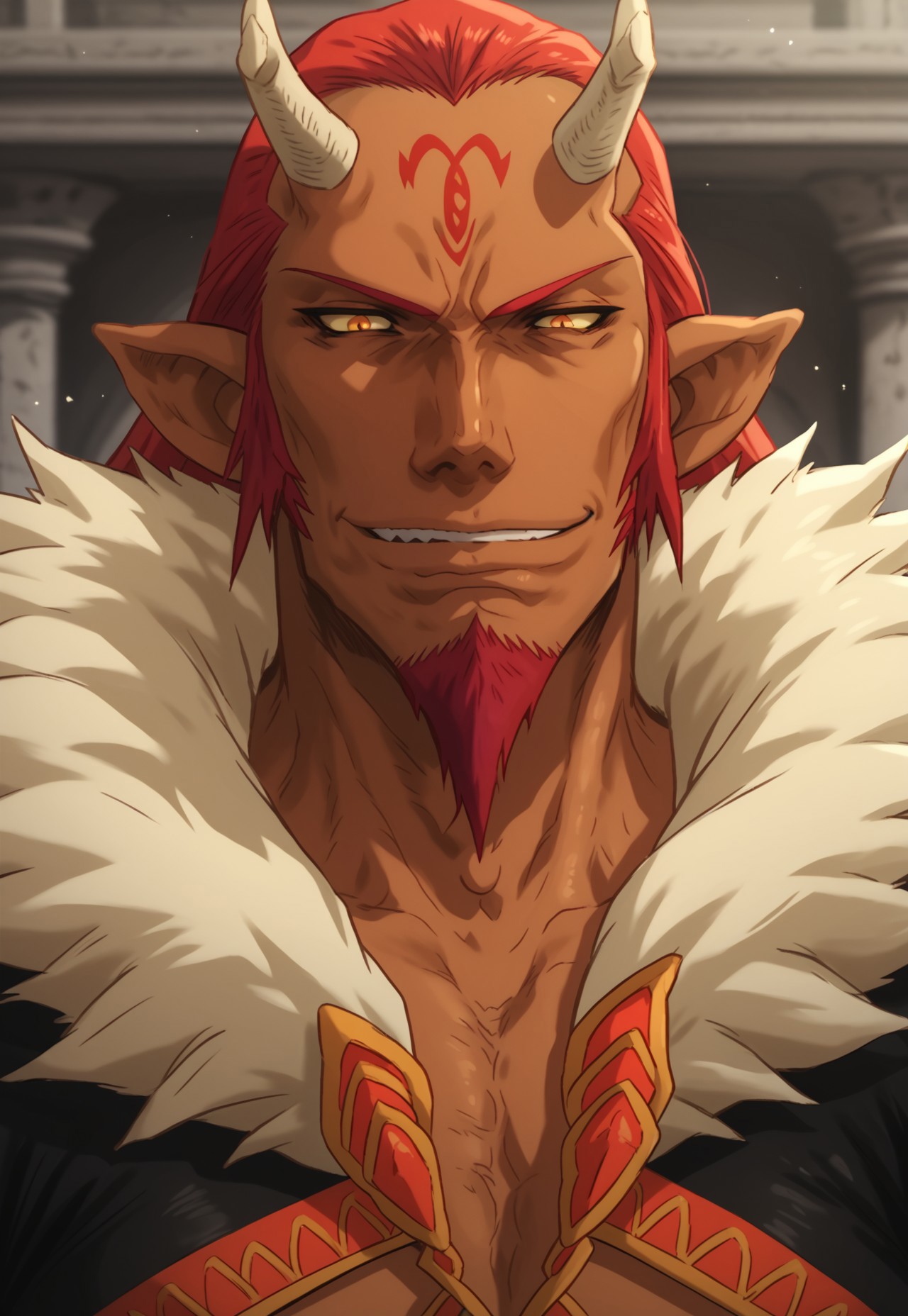 score_9_up, score_8_up, score_7_up, solo, portrait, 1boy, pkc_ginyol, red hair, red goatee, horns, pointy ears, body suit, smirk,