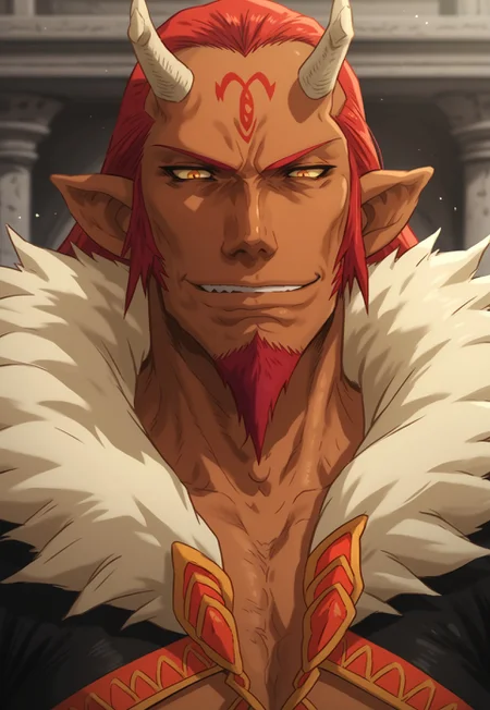 score_9_up, score_8_up, score_7_up, solo, portrait, 1boy, pkc_ginyol, red hair, red goatee, horns, pointy ears, body suit, smirk,