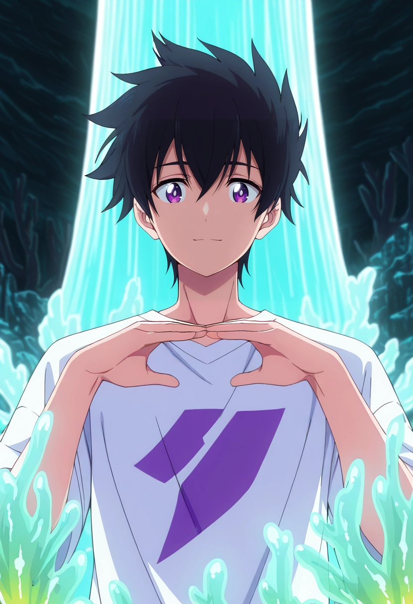 masterpiece, best quality, , anime screencap, anime coloring, official style, looking at viewer, 1boy, solo, male focus, <lora:ryuunosuke_minakata_ilxl:1>, ryuunosuke_minakata, black hair, purple eyes, short hair, bangs, hair between eyes, oceanic temple, coral altars, glowing kelp, bioluminescent paths, worship pose, serene expression, aqua light,
