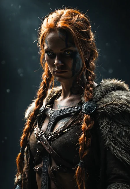 1girl, viking female warrior, dark background, vibrant, sharp focus,, dim light, dark mood