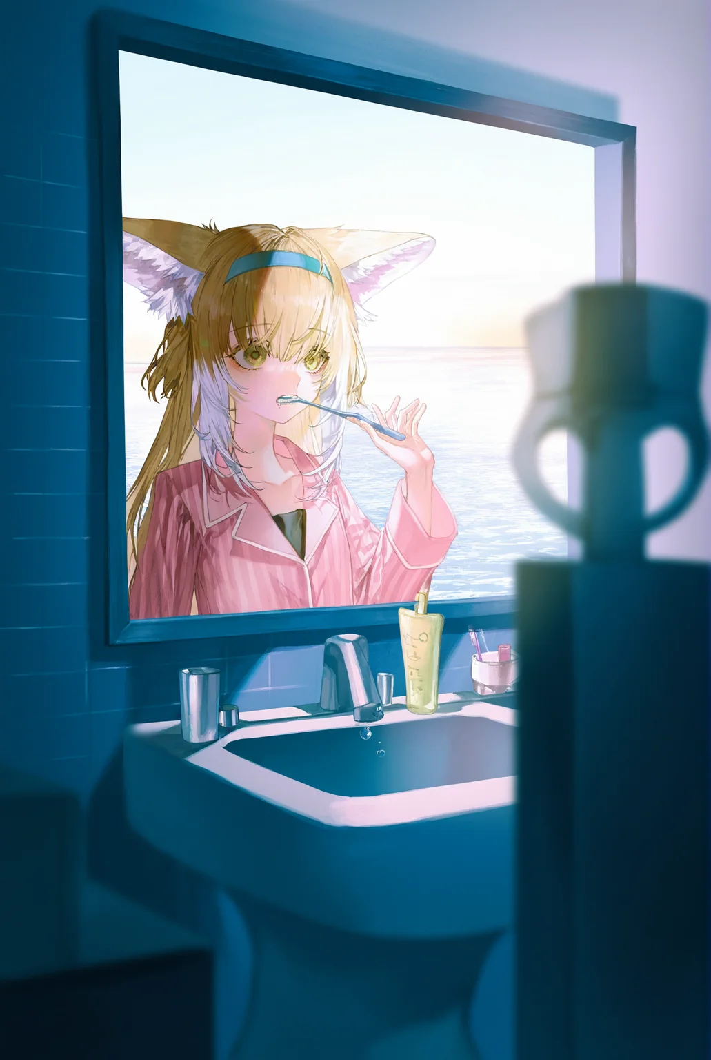suzuran (arknights),1girl,solo,fox ears,upper body,looking at mirror,toothbrush,brushing,water,bubble in mouth,teeth,toilet,indoor,pink pajamas,sunrise,
(artist:onineko:0.826446),artist:hito komoru,(artist:quasarcake:1.1),(artist:reoen:0.826446),artist:machi,(7769:1.21),coco7,original,
best quality,amazing quality,very aesthetic,absurdres,year 2023,year 2024,