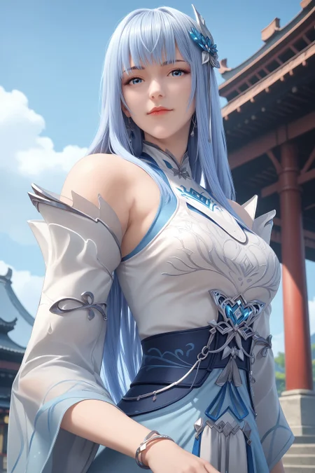 score_9, score_8_up, score_8, source_real,real skin, rating_explicit, ExpresiveH, best quality, unreal engine,game,cg, very aesthetic, CG, masterpiece, ultra high res, highres, More Details, high rating,Intricate and refined delicate details, looking at viewer,
<lora:age_slider_v4:4>,
<lora:xiaodie3:1>, 1girl, solo, hair ornament, blue eyes, long hair, detached sleeves, dress, bracelet, bangs, blue hair, bare shoulders, closed mouth, blue sky, sky, outdoors, east asian architecture, upper body,
