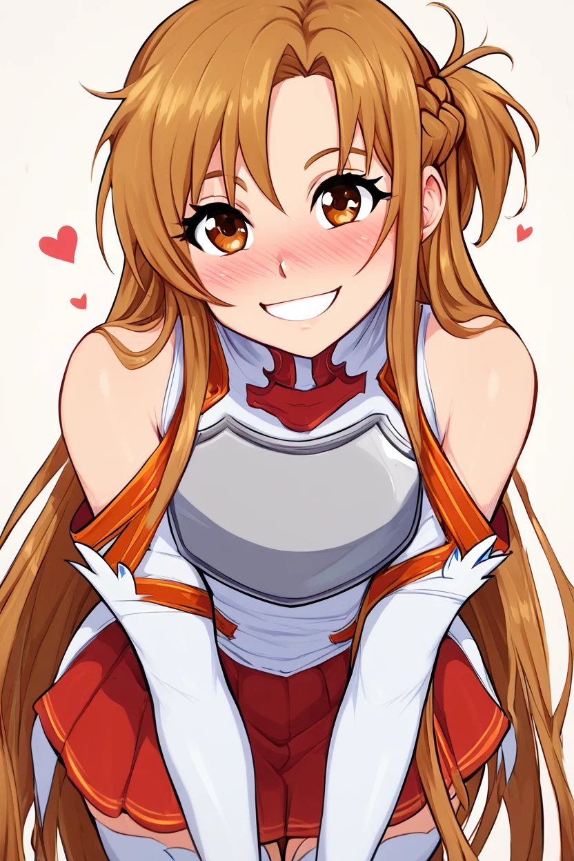 score_9, score_8_up, score_8, medium breasts,(curvy), cute, eyelashes, BREAK, , ,,, zzAsuna, asuna (sao), long hair, brown hair, brown eyes, braid, very long hair, thighhighs, bare shoulders, detached sleeves, armor, white thighhighs, breastplate, red skirt, <lora:Asuna_SAO_PDXL_v3:0.8> ,,, <lora:Afrobull_PDXL_v5:0.8>, ,,,, BREAK, smile, looking at viewer, leaning forward, head tilt, blush, embedding:zPDXL, Expressiveh, <lora:SDXLFaeTastic2400:0.5>, <lora:Expressive_H-000001:0.4>,
