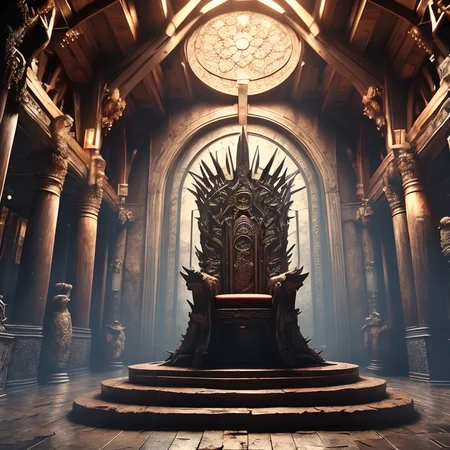 RAW photo, (masterpiece:1.3), subsurface scattering, heavy shadow, (high quality:1.4), (intricate, high detail:1.2), professional photography, HDR, High Dynamic Range, realistic, ultra realistic, photorealistic, high resolution, film photography, ambient lighting, atmospheric effects, <lora:detail_slider_v4:2>, OverallDetail, a small room with a primitive wooden throne on a dais, throneroom, <lora:ThroneRoom-10:1>, epiCPhoto