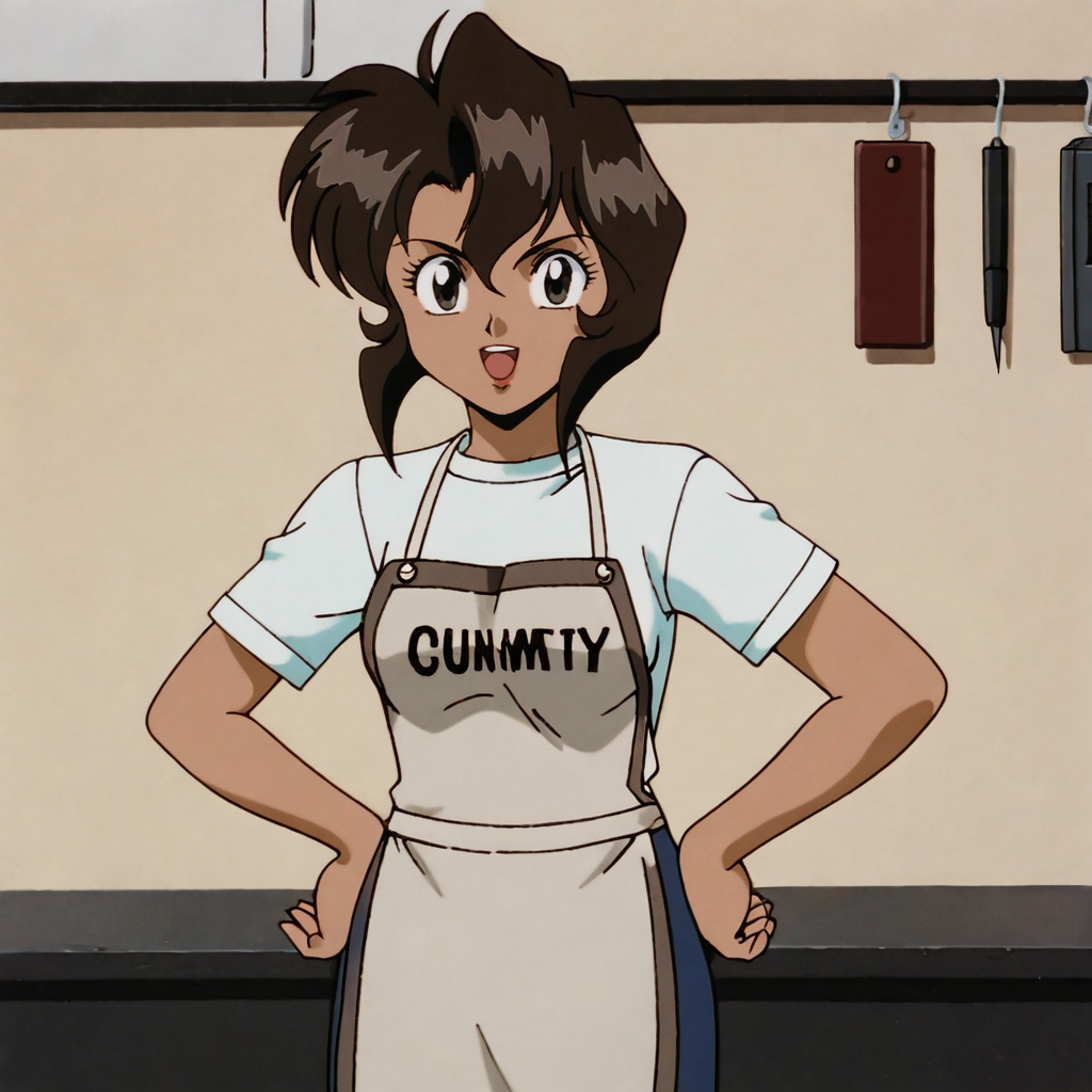 <lora:RallyVincent_pony_v1:.7> RallyApron, 1girl, brown hair, retro artstyle, 1990s (style), dark skin, dark-skinned female, apron, short hair, holding pen, short sleeves, blue skirt, white shirt,  looking at viewer, cowboy shot, hands on hips