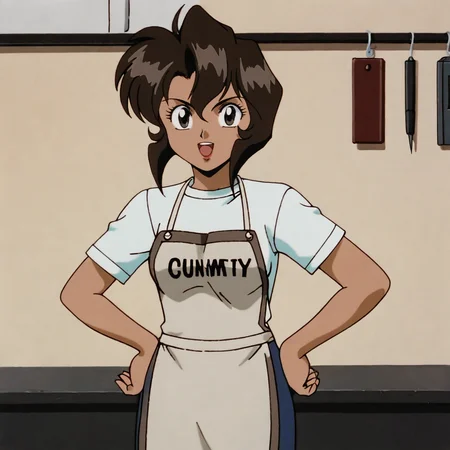 <lora:RallyVincent_pony_v1:.7> RallyApron, 1girl, brown hair, retro artstyle, 1990s (style), dark skin, dark-skinned female, apron, short hair, holding pen, short sleeves, blue skirt, white shirt,  looking at viewer, cowboy shot, hands on hips