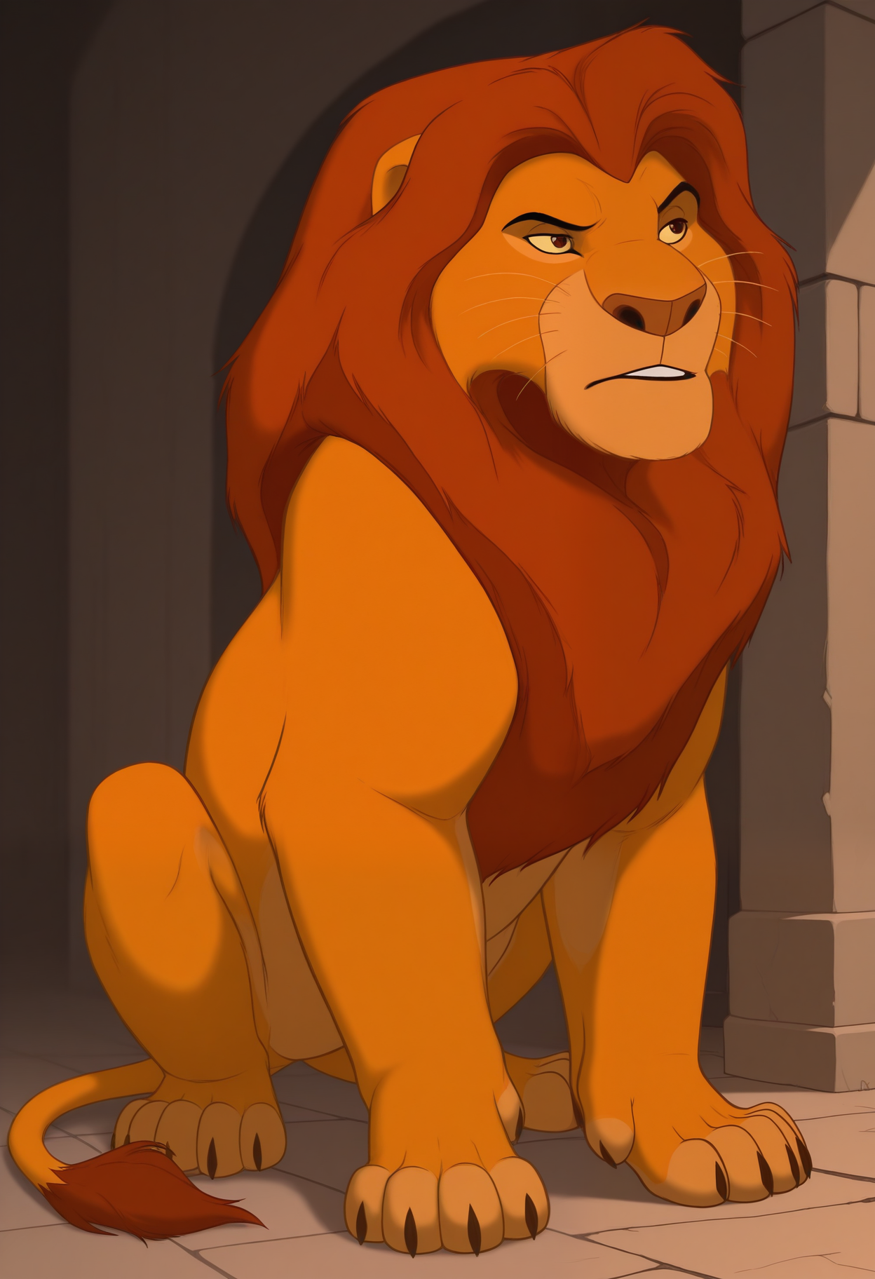 masterpiece,best quality,amazing quality, 1boy, solo, muf4s4, lion,  orange fur, colored sclera, red eyes, red mane, whiskers, full body, lion tail,