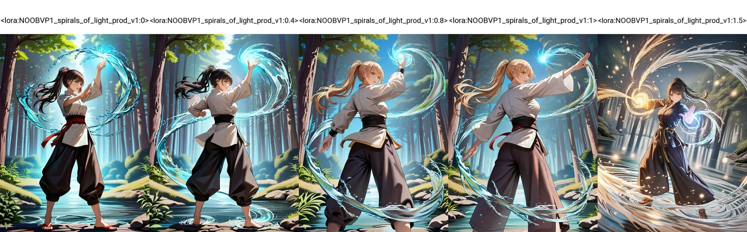 1girl, martial arts,  standing, hands, ponytail, long hair,  outdoors, scenery, forest, hydrokinesis, spell, water, flowing, glowing,
[achyue:0.4],[(momoko \momopoco\:0.8)::0.3], [torino aqua::0.5], kiniro tofu, [junpaku karen:0.5],[(leveen:0.7):0.6], sencha bashira, [takashia \(akimototakashia\):0.7],  (masaki nanaya:0.7),  nagi itsuki, [aoi sakura \(seak5545\):0.5],
masterpiece, best quality, very awa, absurdres, very aesthetic, high quality, newest, crisp, detailed skin texture,
<lora:NOOB_vp1_detailer_by_volnovik_v1:1>, <lora:ponyv6_noobV1_2_adamW:0.7>,   <lora:NOOBVP1_spirals_of_light_prod_v1:0>,