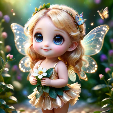 pam-swtvrld happy fairy with glittering butterfly wings on her back,golden hair,wearing a dress,holding a flower,full depth of field and realistic textures,highly detailed,masterpiece,high quality