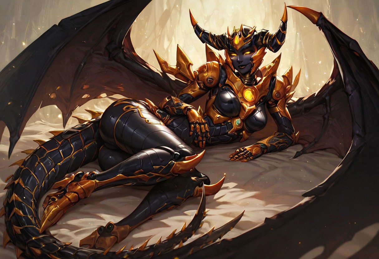 score_9, score_8_up, score_7_up,score_6_up, Expressiveh, 1dk, score_9, solo,  lewd face,  perfection, perfect hands, detailed hands,  1girl, solo, alone, medium breasts, 
 glowing eyes, 
dragongirl, monstergirl, dragon wings, large wings,  wings spread, black wings, 
 long tail, black and gold tail, gold and black wings, dragon tail,  spines on tail,  spiked tail,  long horns,  curved horns, zoomed out
 full body view, laying on side, facing viewer, view from front
glowing eyes, mecha, robot, autobot, glowing eyes,  yellow eyes, black skin,  golden accents, 
mecha, robot, autobot, glowing eyes, black4TF