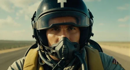 cinematic film still of <lora:Cinematic Film:1> Cinematic Film stock footage in (arri alexa style) Kodak film print, a man in a helmet and goggles is sitting in a fighter's cockpit Cinematic Film Style, shallow depth of field, vignette, highly detailed, high budget, bokeh, cinemascope, moody, epic, gorgeous, film grain, grainy