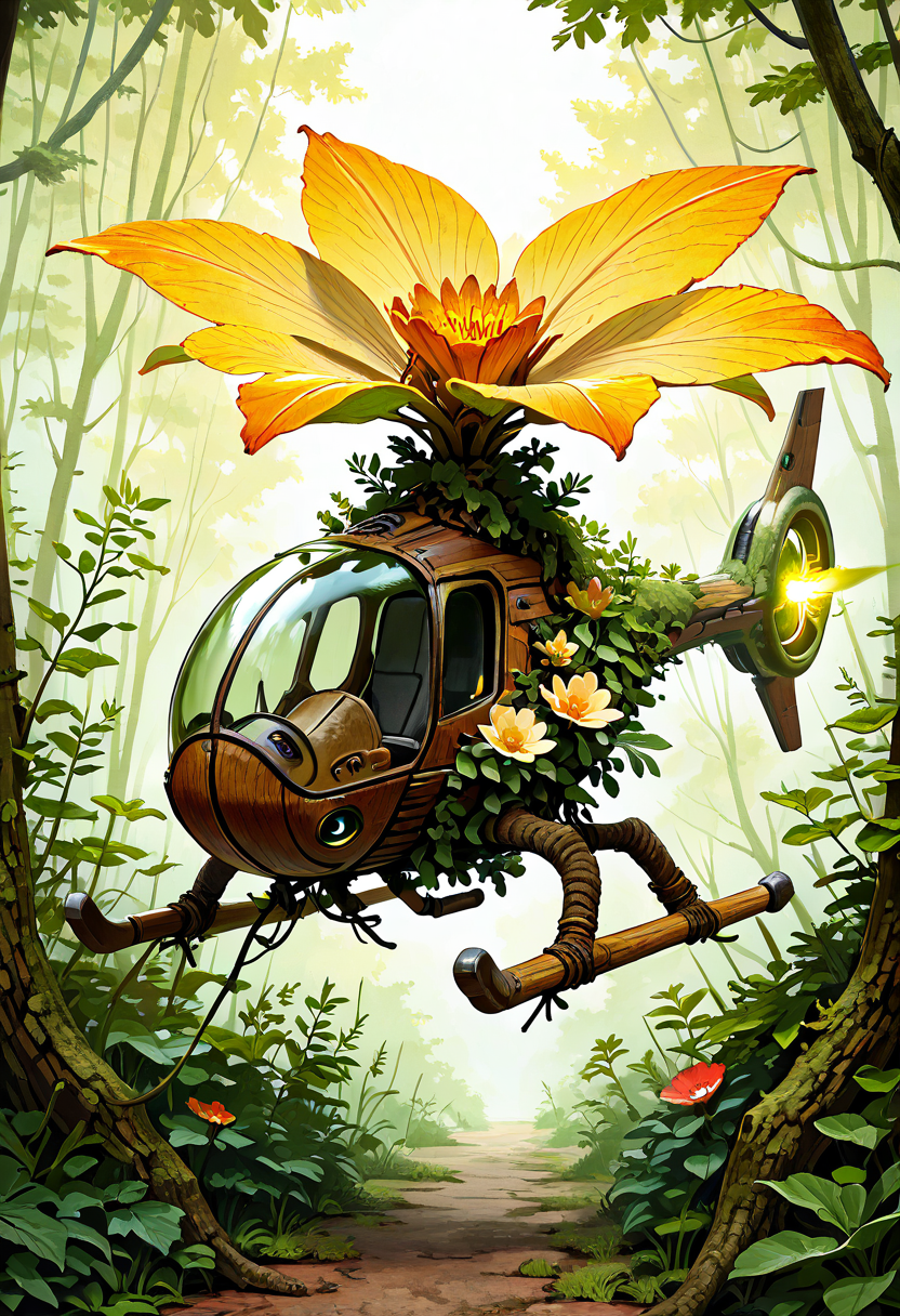masterpiece, best quality, no humans,   ,<lora:BioCopter_IXL:0.8>,  BioCopter, bark-like skin, moss-covered rotors, blooming flowers, organic thrusters, jungle environment, low-hovering, dynamic perspective, golden hour lighting, serene atmosphere â The BioCopter hovers just above the dense jungle floor, its bark-like skin and moss-covered rotors blending perfectly with the surrounding flora. Blooming flowers sprout from its frame, their vibrant colors contrasting with the deep green of the jungle. Organic thrusters at its rear glow faintly with life as it drifts through the misty air. The golden hour lighting casts a warm, serene glow on the scene, while the perspective emphasizes its slow, deliberate movement as it navigates the peaceful yet wild environment.