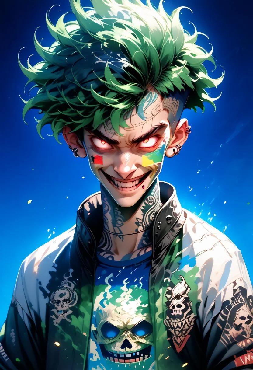 kaoselement style, earthelements style, w4t3relemental style, f1r3elemental style, 1boy, male focus, solo, jacket, jewelry, tattoo, leather jacket, smile, earrings, leather, black jacket, shirt, necklace, grin, upper body, teeth, ear piercing, piercing, print shirt, looking at viewer, white hair, blue background, short hair, neck tattoo, white shirt, open jacket, open clothes, digital noise, glitch, error, vapor, airelemental style, smoke, errored out, void, chaos, panic, disorder, my job is done here, chaotic, chaos bean, fire, flames, smoke, embers, made of fire, on fire, splash, ethereal, water, waves, made of water, partially submerged, air, vapor, clouds, grass, earth like, elemental, green, earthquake, explosive nature, lava, ethereal BREAK zPDXL2