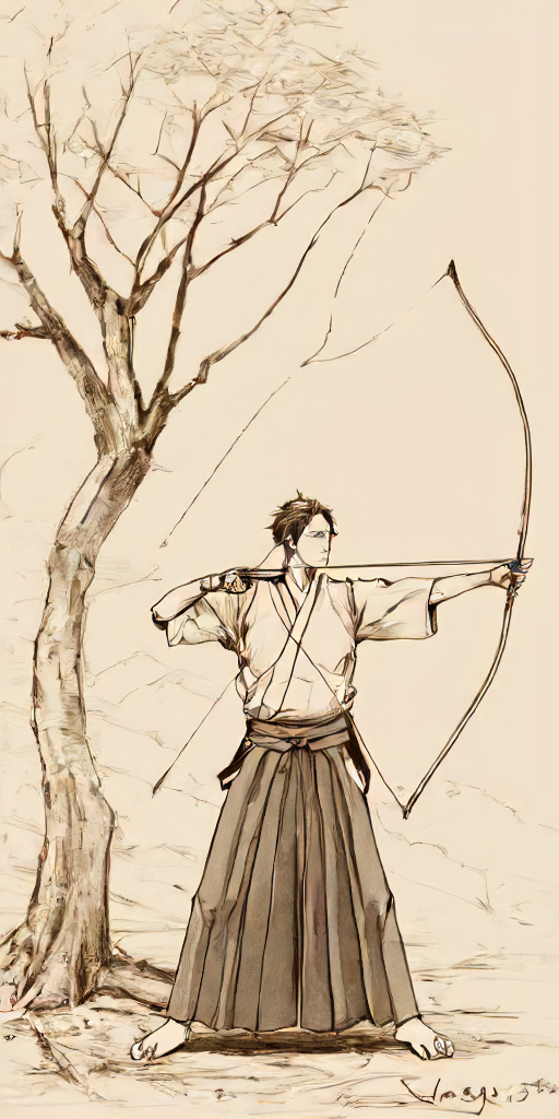 kai, solo,skirt,1boy,holding,standing,monochrome,full body,weapon,male focus,japanese clothes,kimono,holding weapon,tree,outstretched arm,hakama,hakama skirt,bow (weapon),arrow (projectile),sepia,holding bow (weapon),aiming,yugake,holding arrow,drawing bow,archery,kyuudou<lora:Kyudo:1>
