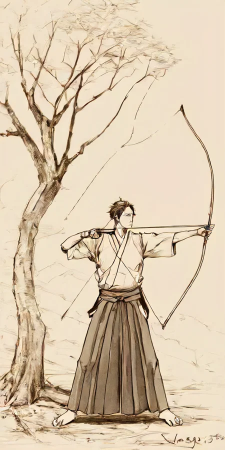 kai, solo,skirt,1boy,holding,standing,monochrome,full body,weapon,male focus,japanese clothes,kimono,holding weapon,tree,outstretched arm,hakama,hakama skirt,bow (weapon),arrow (projectile),sepia,holding bow (weapon),aiming,yugake,holding arrow,drawing bow,archery,kyuudou<lora:Kyudo:1>