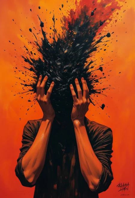 This painting portrays a figure in a moment of intense psychological or emotional distress, with hands pressed against their head, which dissolves into a chaotic, swirling black mass. The expressive, textural brushstrokes and fiery background create a sense of movement and turmoil, symbolizing the figure’s internal struggle. The sharp contrast between the dark, consuming blackness and the warm, explosive background adds to the intensity of the image, as if the figure’s anguish is erupting into the space around them. Through its expressive style, contrasting color palette, and surreal elements, the artwork powerfully conveys themes of mental anguish, emotional breakdown, and the consuming nature of inner chaos. The result is a haunting, visceral depiction of psychological struggle that invites viewers to confront the raw, unsettling nature of human despair. Detailed hand, Hand, Perfect hand, aidmaMJ6.1, Comic book style, organic,