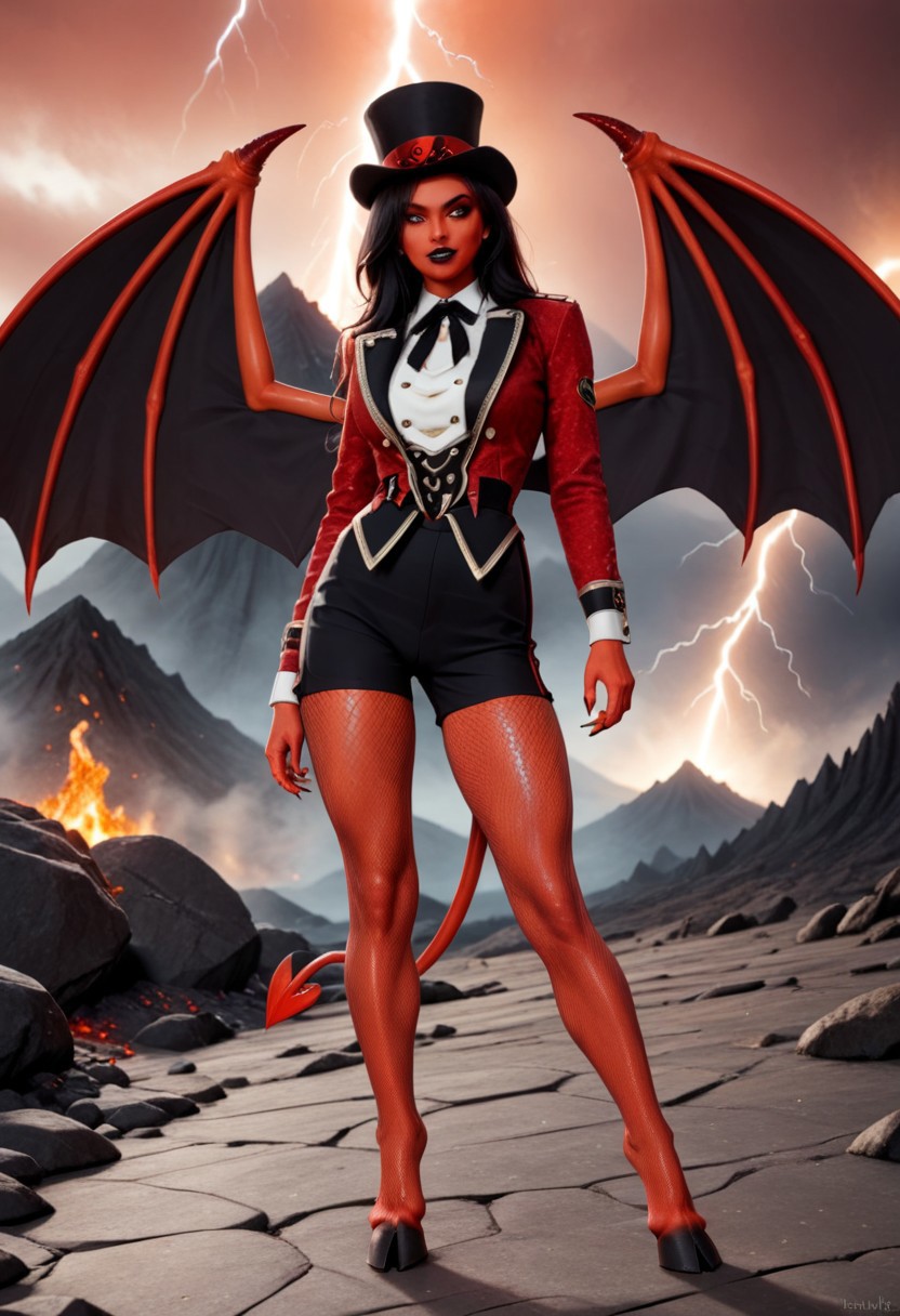 A 35mm photo of a beautiful slim woman, she is a reptilian demon , red demon skin with orange belly skin and inner thighs, red demon horns, clawed demonic hands, digitigrade red demon hooves, spade tipped demon tail, standing in a volcano, long straight black hair, large green feline demon eyes, demonic wings, lit with a sickly green light, red sky, blue lightning, broad sexy curvy hips, slim waist, pert breasts, wearing a fitted red tailcoat and black yoga leggings
ruffled lingerie, lava, fire, volcano, lightning, hud_rngmstr,  black shorts, red long sleeve sequin short jacket, buttons, top hat, black neck ribbon, fishnet pantyhose