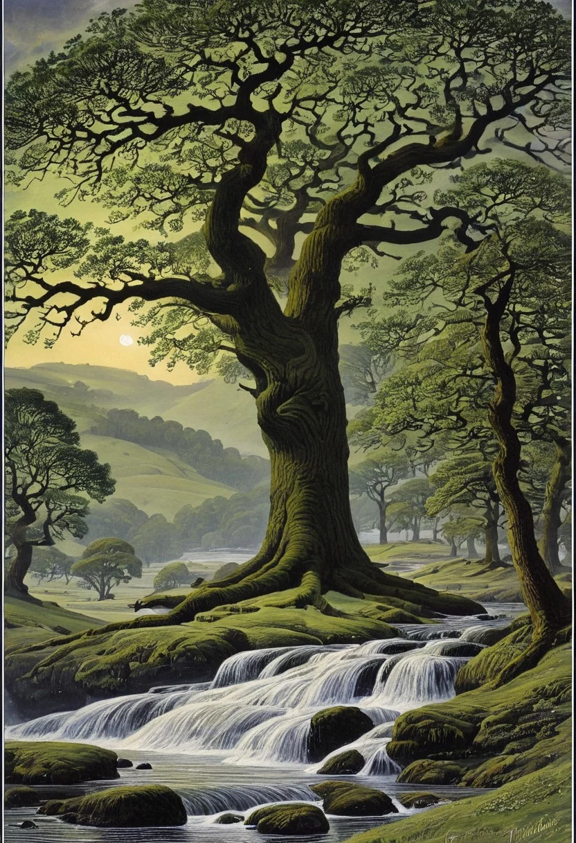 As when upon a tranced summer-night, Those green-rob'd senators of mighty woods, Tall oaks branch-charmed by the earnest stars, Dream and so dream all night without a stir, Save from one gradual solitary gust, Which comes upon the silence and dies off, As if the ebbing air had but one wave, So came these words and went the while in tears, She touch'd her fair large forehead to the ground, Just where her falling hair might be outspread, A soft and silken mat for Saturn's feet, detailed, dark art, painting, landscape, best quality, 8k, hdr, by charles tunnicliffe, by george dawe
