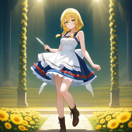 field of flowers,diffusion lighting,standing, on one leg, masterpiece, best quality, amazing quality, newest,1girl,<lora:witch_viola:1>,Witch_viola,blonde hair,braid,green eyes,twin blaid,long hair,hair between eyes,viola_outfit,dress,sleeveless,bare shoulders,boots,brown footwear,sleeveless dress,white dress,apron,cross-laced footwear,frills,knife