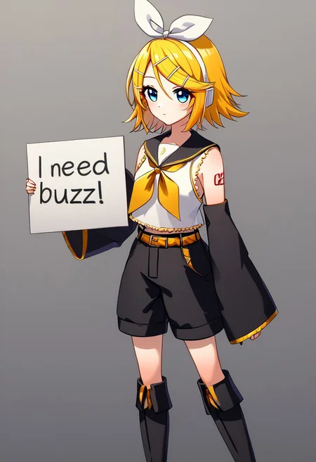 need_buzz, holding sign, KagamineRin, short hair, hairclip, white hairband, hair bow, KagamineBase, short hair, hairclip, white hairband, hair bow, white headphones, shoulder tattoo, number tattoo, black sailor collar, treble clef, white crop top, sleeveless, yellow neckerchief, detached sleeves, black sleeves, black shorts, yellow belt, knee boots
