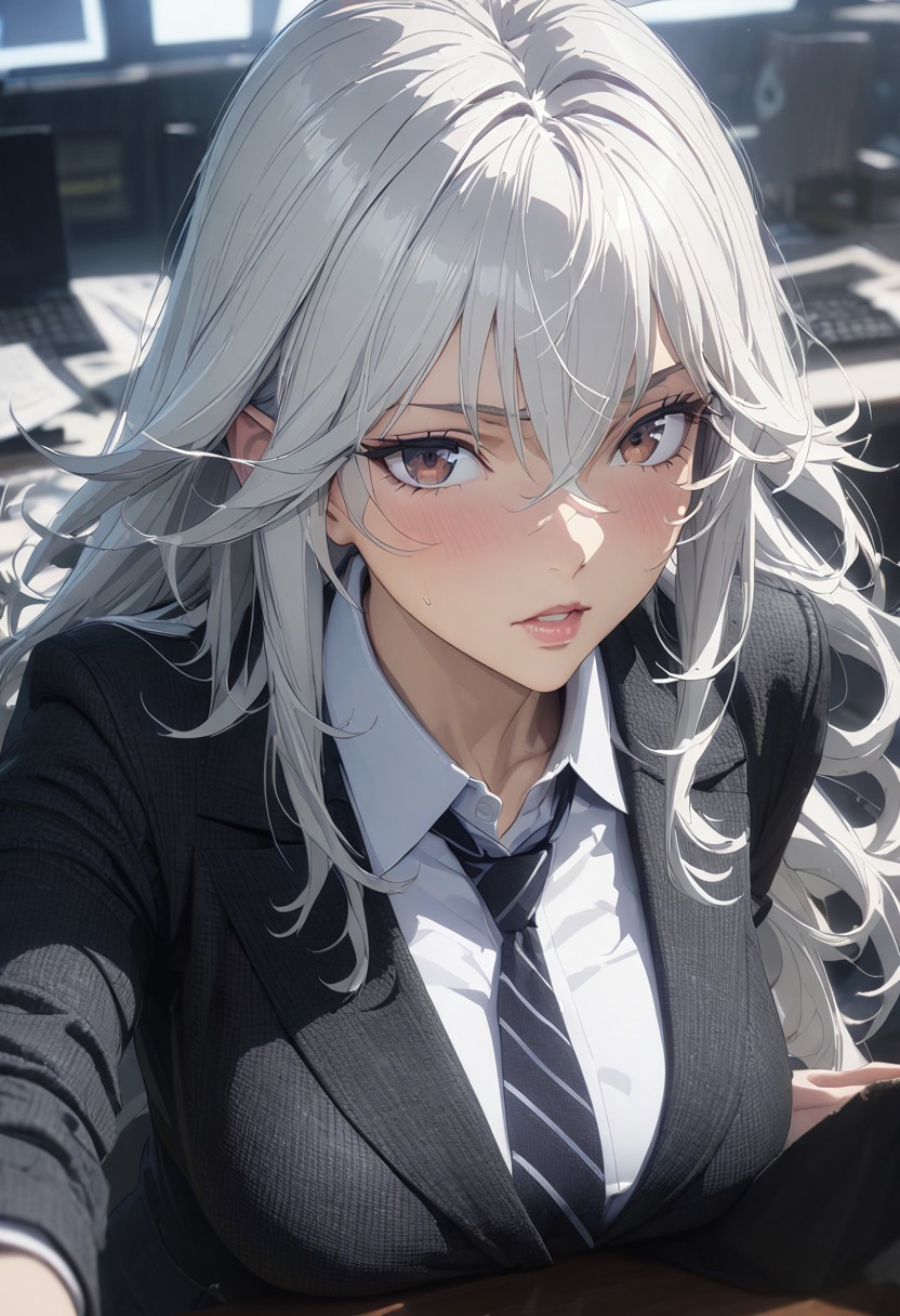 gorgeous lips, cinematic, (masterpiece), (best quality), (ultra-detailed), very aesthetic, illustration, perfect composition, intricate details, absurdres, detailed face, (anime, masterpiece, intricate:1.3), (best quality, hires textures, high detail:1.2), (4k),(incredibly detailed:1.4)
1woman, long hair, Brown eyes, office suit, tie, office lady, lips, mouth, high pointed nose, medium breasts, White hair, wild hair. milf
<lora:sovetsky_soyuz_XL_v1.0:1>, sovetsky_soyuz