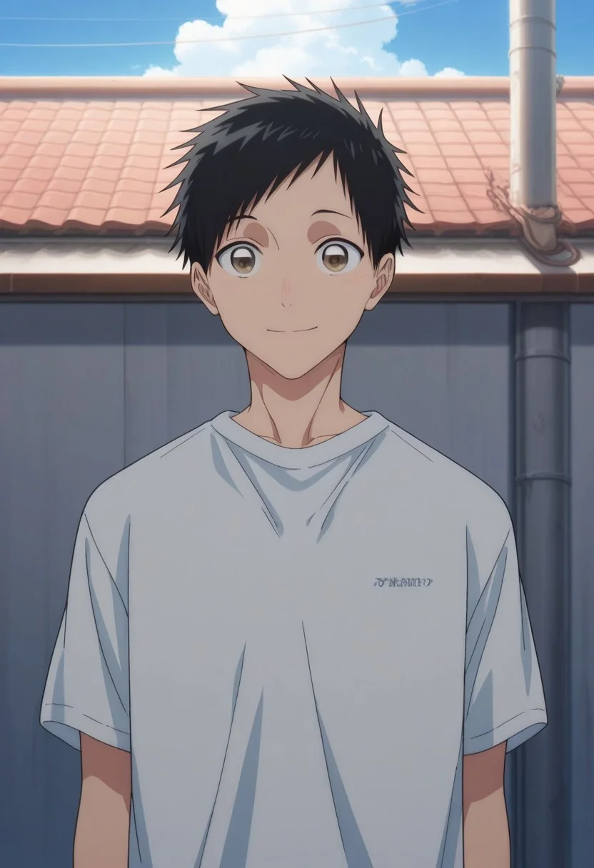 masterpiece,best quality,amazing quality,
taikinomata, 1boy, male focus, solo, brown eyes, black hair, short hair, shirt, white shirt, t-shirt, short sleeves, portrait, smile, outdoor, day,