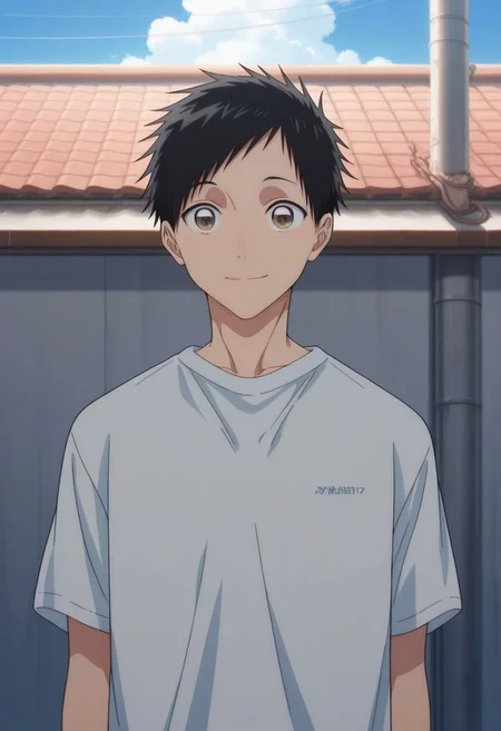 masterpiece,best quality,amazing quality,
taikinomata, 1boy, male focus, solo, brown eyes, black hair, short hair, shirt, white shirt, t-shirt, short sleeves, portrait, smile, outdoor, day,