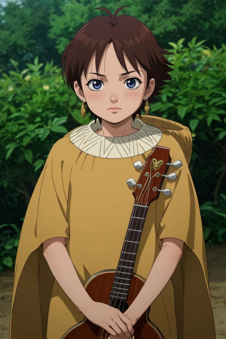 score_9, score_8_up, score_7_up, source_anime, rating_safe, , anime screencap, , official style, looking at viewer, depth of field, 1girl, solo, <lora:he_liao_diao_pony:0.74>, he_liao_diao, brown hair, blue eyes, short hair, aged down, from afar, full body, times square, dusk, holding instrument, embarrassed, nose blush, cape, bellbottoms, heart earrings, ribbon trim, <lora:sdxl_lightning_8step_lora:1>