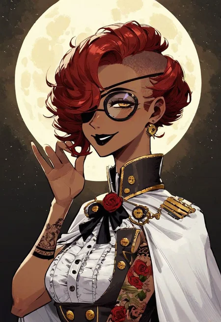 score_9_up, score_8_up, score_7_up, very detailed,
1girl, brown skin, victorian monocle over eye, thick lens glasses, augmented eyes, eyepatch, red hair, bobcut, short hair, unkempt hair, matte black lipstick, tattooed face, arrogant expression, sly smile, teasing pose, cute pose, steampunk military uniform, halfway unbuttoned uniform, decorated uniform, decorated white cape, noble house insignia on cape, regal stature, standing, steampunk city background, outdoors, night time, moon, solo focus on female, portrait shot, stylised, stylised background, detailed face, best detail, (best quality:1.5), masterpiece, (high resolution:1.5)
ng_deepnegative_v1_75t, OverallDetail, , Expressiveh