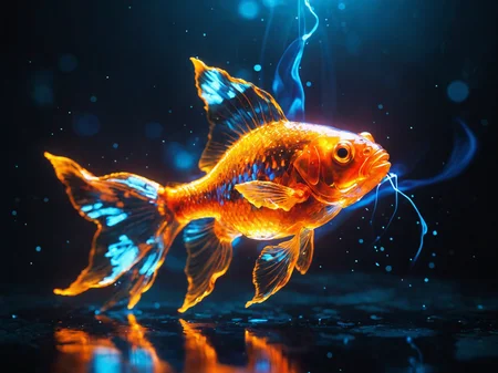 glowneon, a glowing goldfish emanating light and sparks, orange, blue