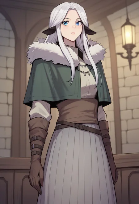 score_9,score_8_up,score_7_up,score_6_up,blurry, blurry background,1girl,solo,nadia,animal ears,blue eyes,long hair,white hair,parted bangs,brown gloves,fur trim,capelet,long skirt,grey skirt,plated skirt,posing,volumetric light,indoors,living room,cowboy shot, dutch angle