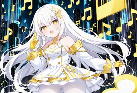 Best quality, masterpiece, sci-fi extremely dark abyss city, music notes, one singer girl with round pert breasts, majestic walk, hands gesturing, adorable pure white long loose hair, simple hairpin, adorable smooth happy face, singing, open mouth, bright yellow eyes, detailed kawaii makeup, beautiful white dress with long sleeves and gloves, slim waist, very short miniskirt, white tights, thick clavicle, thick pelvis, thick hips, thick thighs, heels