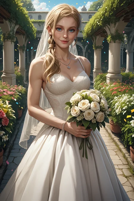 score_9, score_8_up, score_7_up,
<lora:REAnnette:0.8>
REAnnette, 1girl, blonde hair, blue eyes, long hair, ponytail, hair over shoulder, looking at viewer, garden, wedding dress, necklace, smile, bouquet, day, confetti, cowboy shot, standing