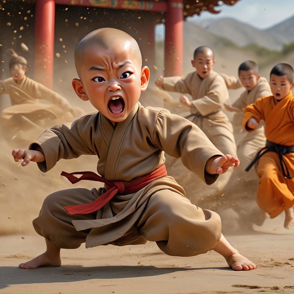 Little cute kung-fu monk, funny face, action movie scene , by tiago hoysel, masterpiece, UHD,