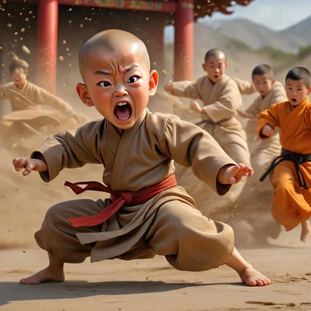 Little cute kung-fu monk, funny face, action movie scene , by tiago hoysel, masterpiece, UHD,
