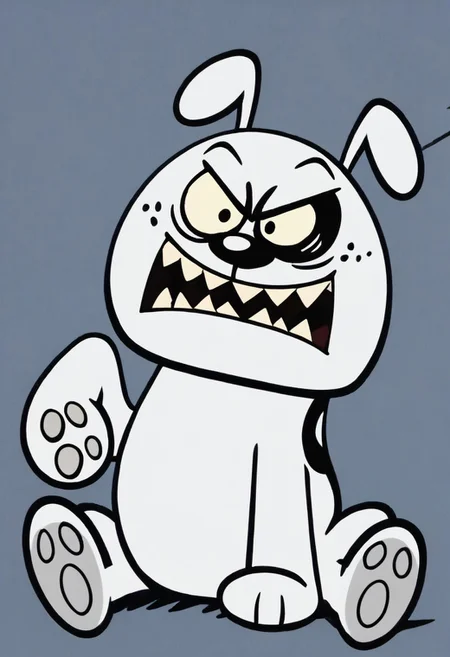 (score_9 | score_8_up | score_7_up) ((masterpiece:1))(best quality,very high quality,ultra detailed:1.2) (2D,cartoon style,anime style)(Smooth:2)(clean blurring) (four fingers on each hand,one thumb on each hand:1), solo, charles, dog, black spot on left eye, white, paw, dog paws, runaway brain, monstrous look, angry face, exagerated features, intense eyes, aggressie expression, hunched, menacing, sharp teeth, hunched over, full body