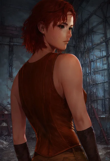 Score_9_up, score_8_up, score_7_up, 1girl, cait, solo, red hair, green eyes, vest, leather arm wrap, freckles, hands on hip, abandoned warehouse, Expressiveh