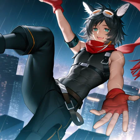 1boy, solo, courier \(arknights\), courierarknights, mature male, (toned male:1.2), deer ears, animal ear fluff, medium hair, dark hair, aqua eyes, bright pupils, tanned skin, covered pectoral, covered abs, (artist:krenz, artist:quuni, artist:mebaru:1.2), nyalia, depth of field, shot, realistic lighting, night sky, rain, cityscape, skyscraper, next to skyscraper, (falling:1.3), smile, red scarf, single armband, goggles on head, tooth hair ornament, orange goggles, welding goggles, red gloves, fingerless gloves, black bodysuit, sleeveless bodysuit, chest harness, black jacket around waist, black pants, loose belt, black legwear, perfect face, detailed face, detailed eyes, perfect eyes, masterpiece, best quality, newest, absurdres, highres, uncensored, <lora:nyalia:0.4>, <lora:CourierArknights E2 3.0:0.8>, <lora:DetailedEyes_xl_V2:1>, <lora:add-detail-xl:2>