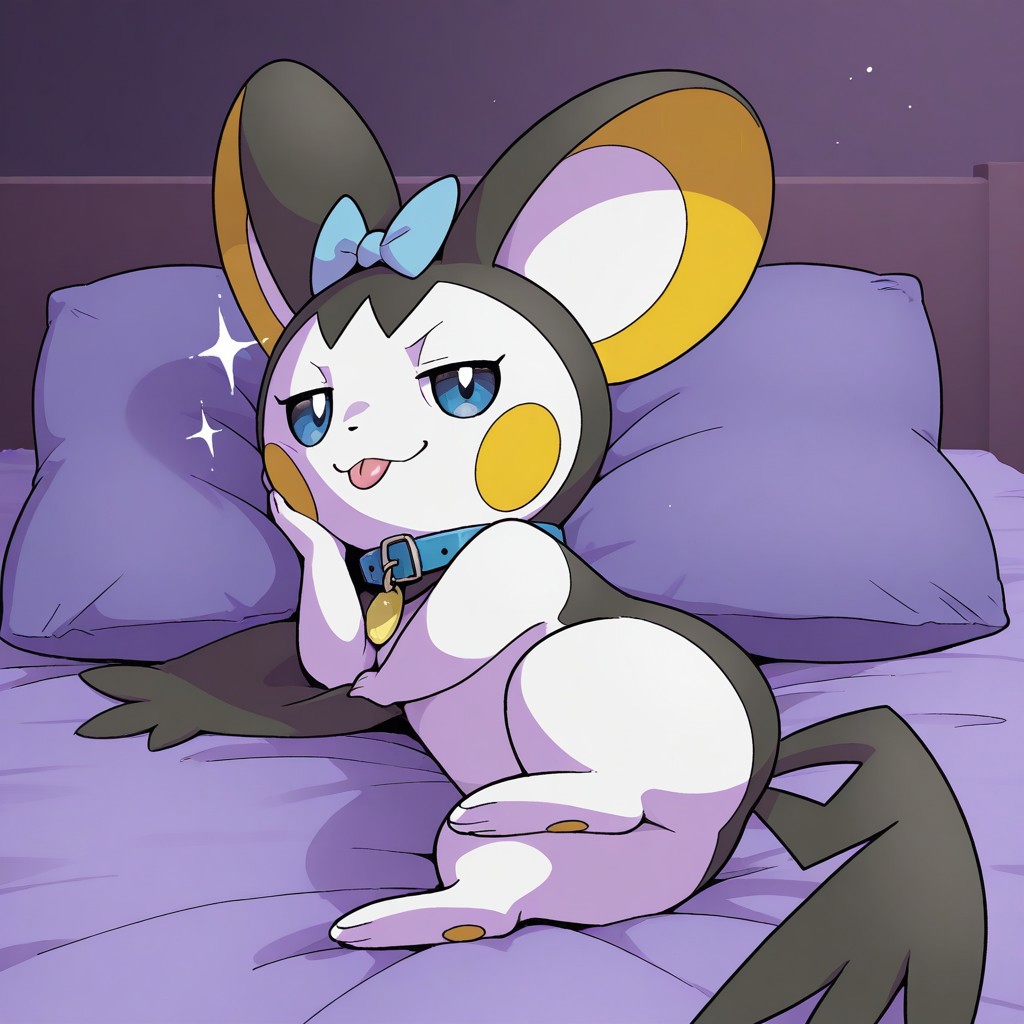 1ns0m14cOvrld,
pokemon (creature), ((feral)), 1girl, solo, furry, female feral, >:3, emolga,
bed, bow_on_head, collar, female, front_view, furniture, hand_on_cheek, looking at viewer, lying, on side, pillow, solo, sparkles, crossing legs, flying_squirrel, mammal, rodent, sciurid, hi_res, pinup,  body fur, half-closed eyes, close mouth, tongue out, blue eyes