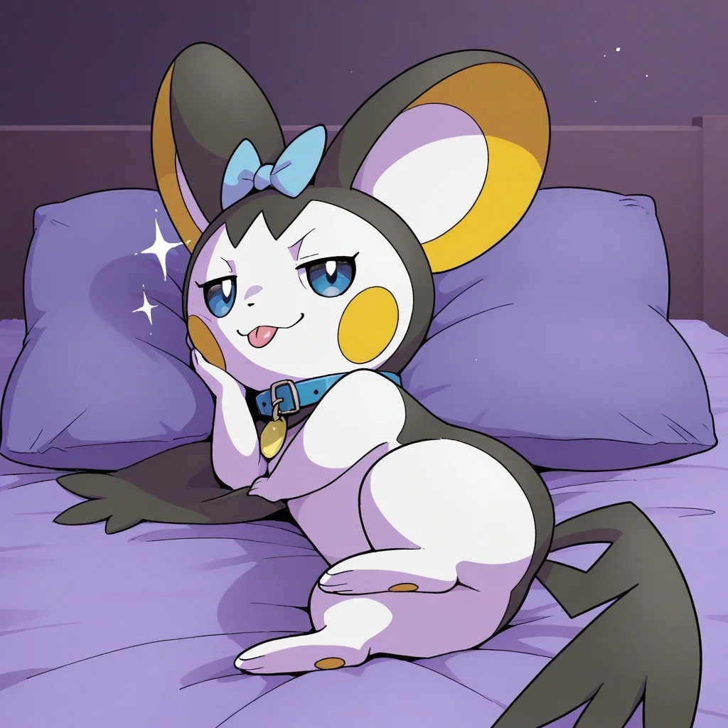 1ns0m14cOvrld,
pokemon (creature), ((feral)), 1girl, solo, furry, female feral, >:3, emolga,
bed, bow_on_head, collar, female, front_view, furniture, hand_on_cheek, looking at viewer, lying, on side, pillow, solo, sparkles, crossing legs, flying_squirrel, mammal, rodent, sciurid, hi_res, pinup, body fur, half-closed eyes, close mouth, tongue out, blue eyes