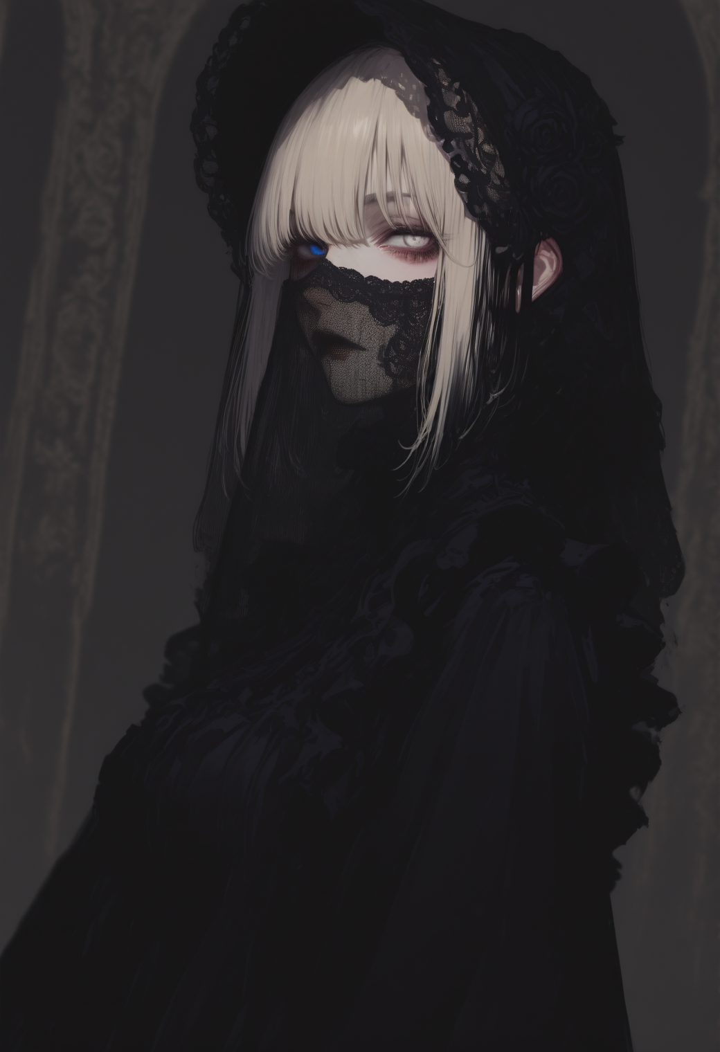 masterpiece, 8K, depth of field, focused subject, best quality,newest, absurdes, 1girl, solo, platinum blonde with black hair tint, highlighted hair, blue eye, white eye, lace mouth veil, look at viewer, grunge background, gradient, high contrast, sharp focus, mysteri ambience, victorian steampunk aesthetic, dutch angle, low angle shot, from side, black sundress, lace, frills, revealing, dark theme, gothic, sensuam, seamless, shading, sketch art style, sharp focus, arsmjstyle, 7481llu, 4kiak4ne_illu, cknc, g0zena_illu, <lora:HyperdetailedColoredPencilIl:0.33> <lora:748cm_illu:0.75> <lora:4kiak4ne:0.3> <lora:ck-nc-cyberpunk-IL:0.3> <lora:NOOB_vp1_detailer_by_volnovik_v1:0.8> <lora:ponyv6_noobV1_2_adamW:0.25> <lora:G0zeNA_style:0.25>