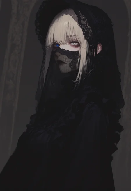 masterpiece, 8K, depth of field, focused subject, best quality,newest, absurdes, 1girl, solo, platinum blonde with black hair tint, highlighted hair, blue eye, white eye, lace mouth veil, look at viewer, grunge background, gradient, high contrast, sharp focus, mysteri ambience, victorian steampunk aesthetic, dutch angle, low angle shot, from side, black sundress, lace, frills, revealing, dark theme, gothic, sensuam, seamless, shading, sketch art style, sharp focus, arsmjstyle, 7481llu, 4kiak4ne_illu, cknc, g0zena_illu, <lora:HyperdetailedColoredPencilIl:0.33> <lora:748cm_illu:0.75> <lora:4kiak4ne:0.3> <lora:ck-nc-cyberpunk-IL:0.3> <lora:NOOB_vp1_detailer_by_volnovik_v1:0.8> <lora:ponyv6_noobV1_2_adamW:0.25> <lora:G0zeNA_style:0.25>