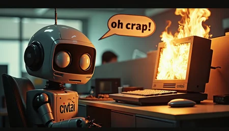a worried robot a speech bubble above it that says "oh crap!" with a large computer on fire (crushing him:1.25) with "civitai" logo on it, in a cubical office space, meme style, semirealistic, photography, high quality, highly detailed
